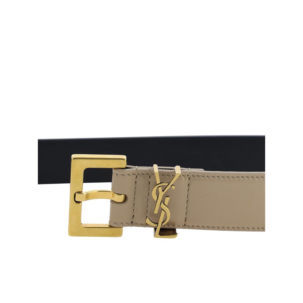 Saint Laurent Cassandre Reversible Beige and Black Leather Belt