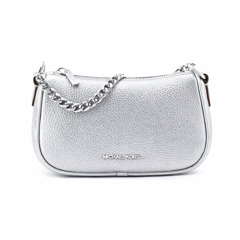 Michael Kors Carmela Medium Metallic Leather Shoulder Bag Silver