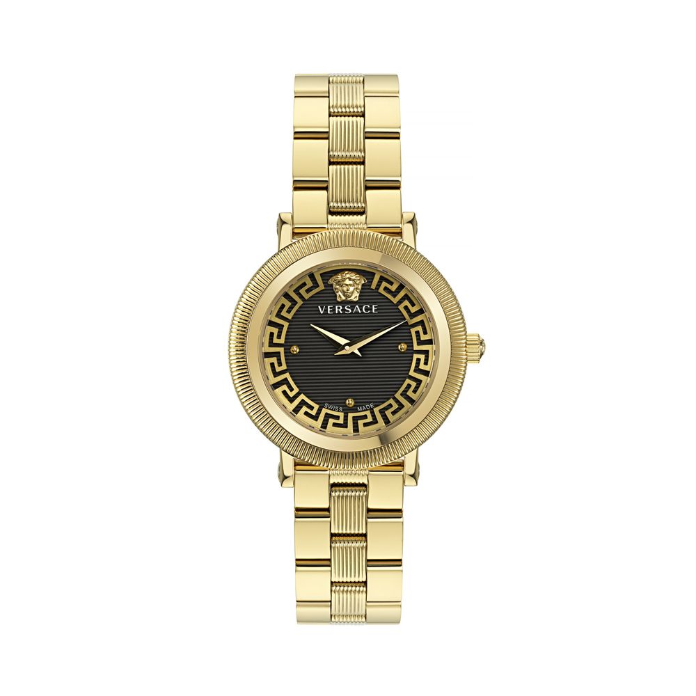 Versace Greca Flourish Gold Tone Stainless Steel Swiss Made Watch 35mm Black Dial Sapphire Crystal