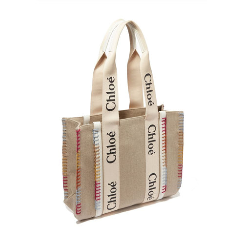 Chloé Large Woody Tote Bag Linen with Blanket Stitch Trim