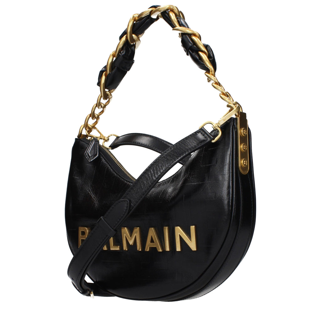 Balmain Logo Hobo Shoulder Bag Black Leather