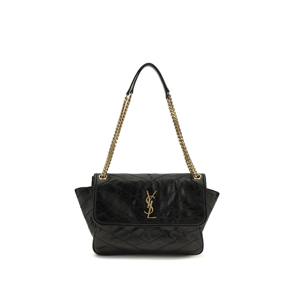 Saint Laurent Niki Medium Shoulder Bag Crinkled Quilted Leather Black