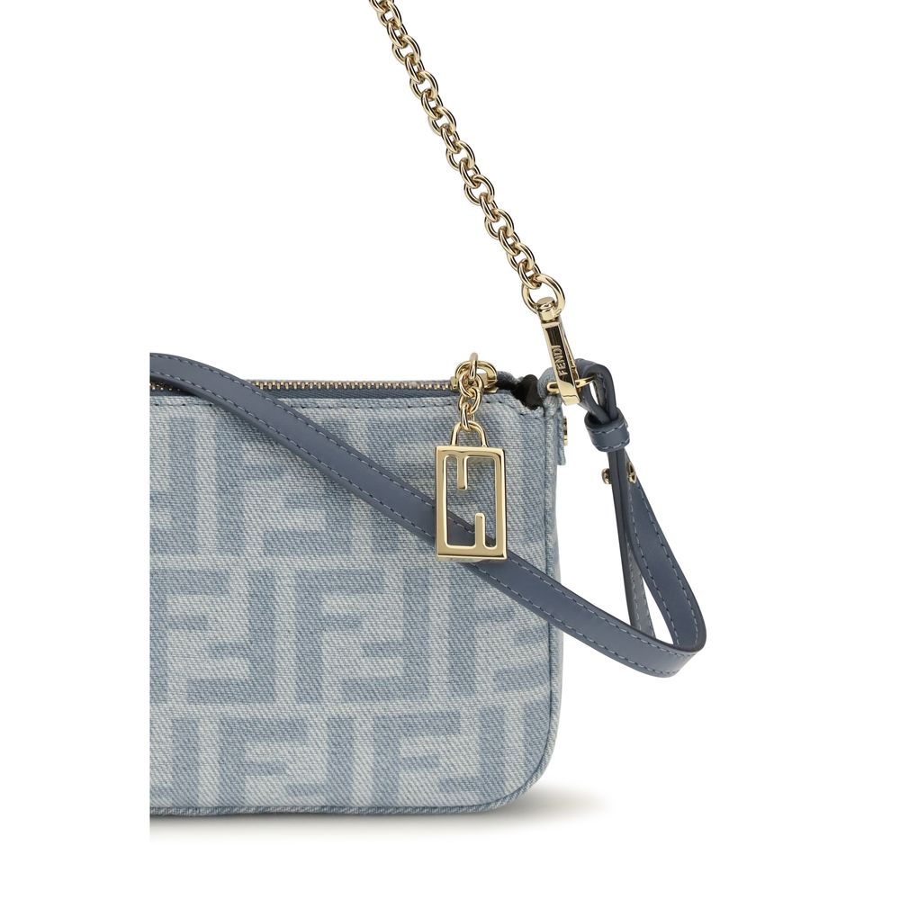 Fendi FF Denim Baguette Chain Clutch in Light Blue