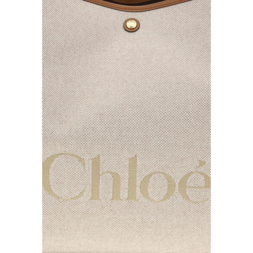 Chloé Large Carry Logo Canvas Tote Bag in Beige