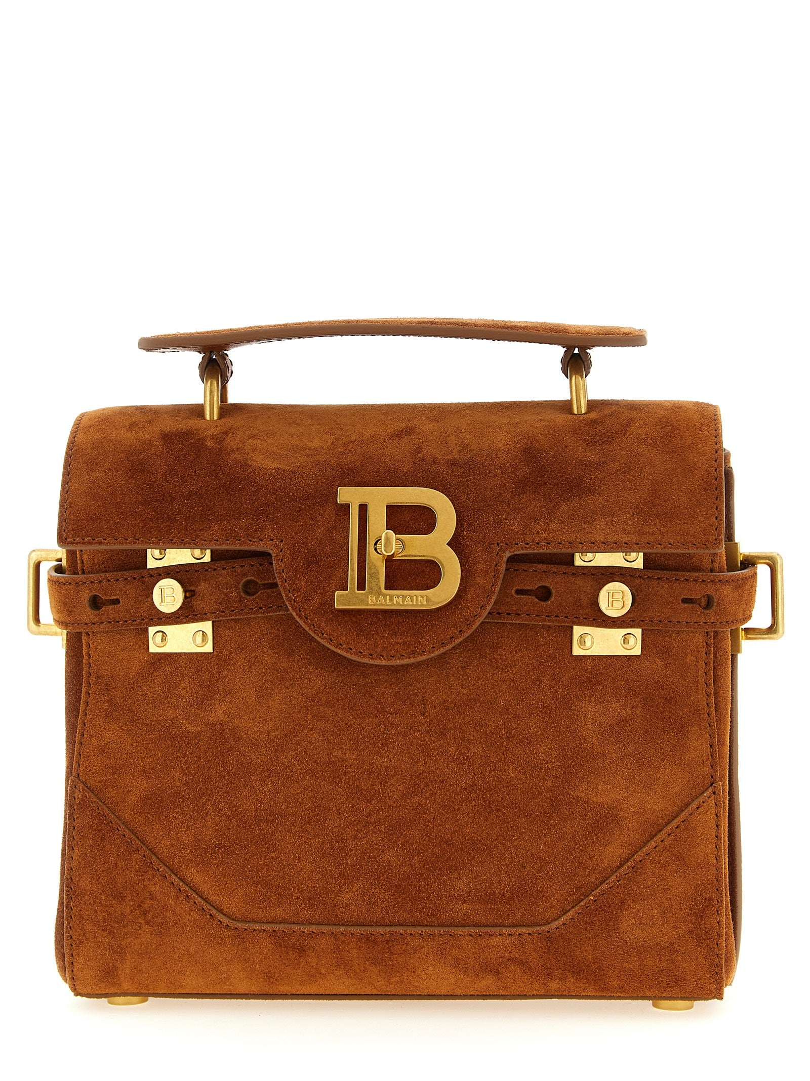 Balmain B-Buzz 23 Small Suede Leather Top Handle Bag Brown