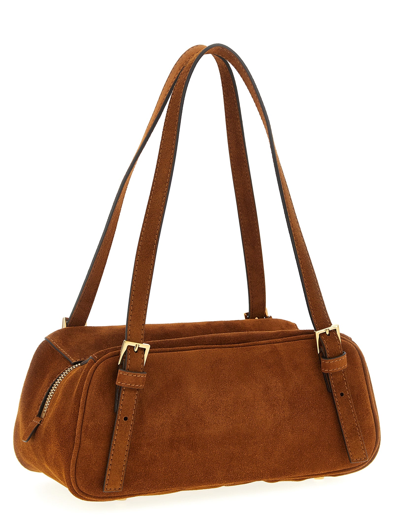 Versace Tag Suede Shoulder Bag Cognac