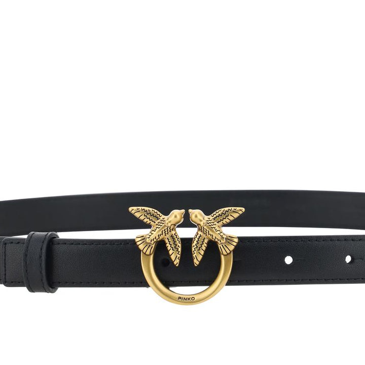 pinko love berry belt black calf leather slim belt love birds buckle gold