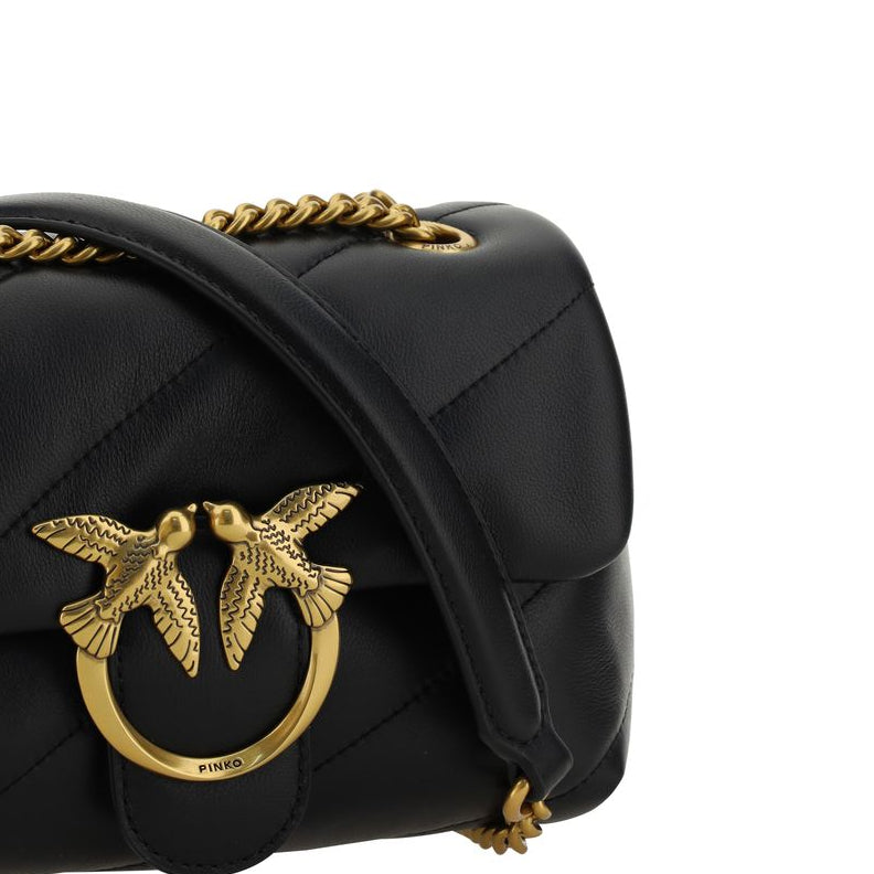 pinko iconic love birds buckle black leather puff shoulder bag