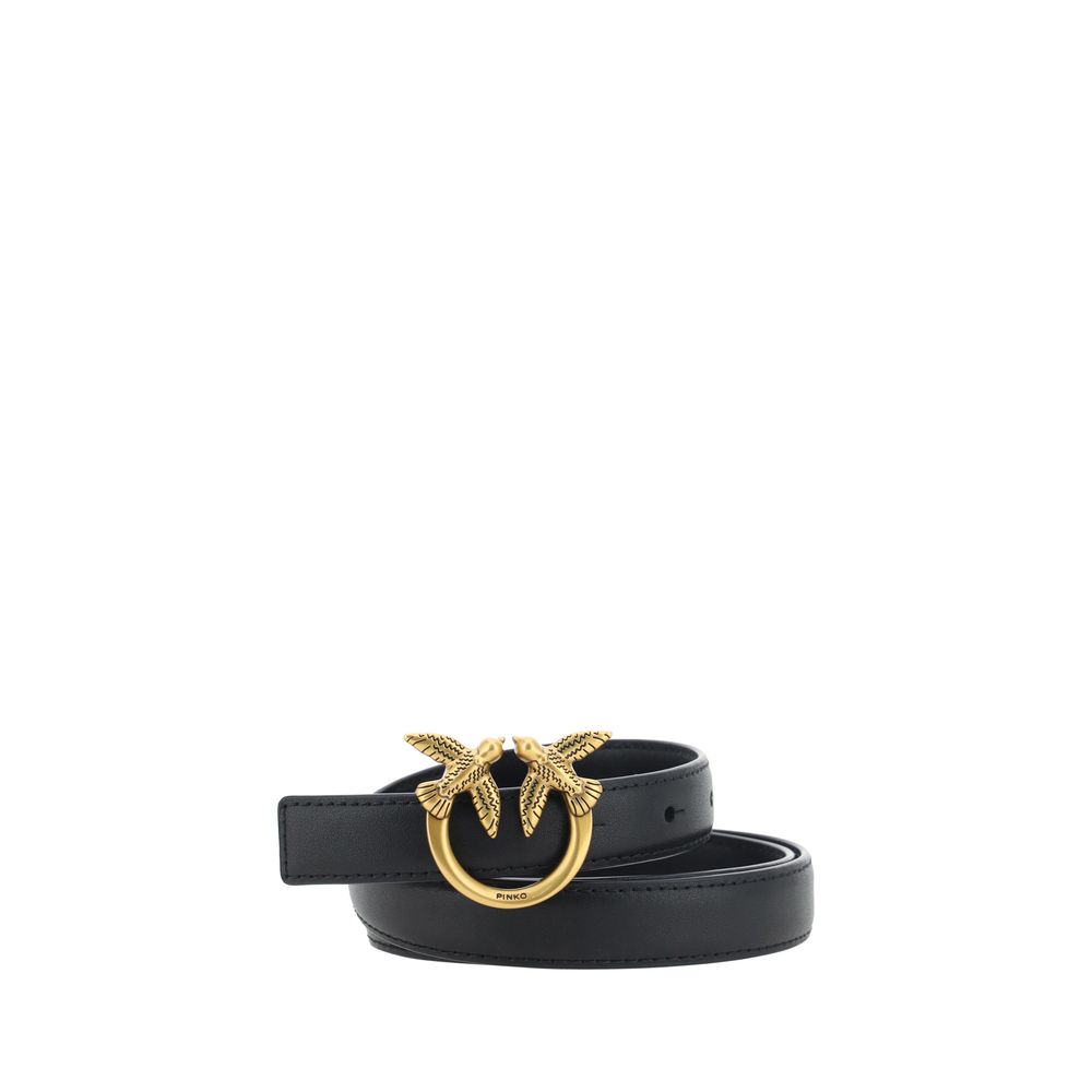 pinko slim black leather belt gold love birds buckle designer accessory