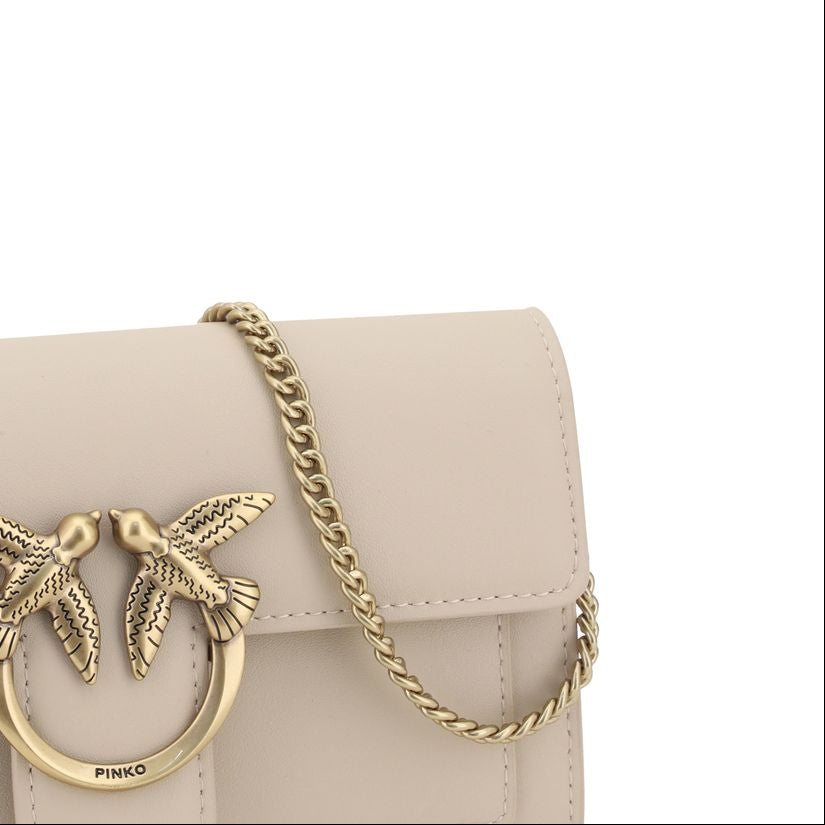 pinko compact love one wallet beige leather crossbody chain strap
