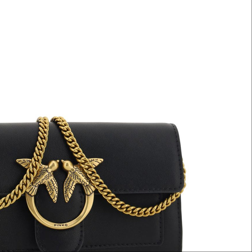 pinko love birds black leather wallet on chain designer mini crossbody close up