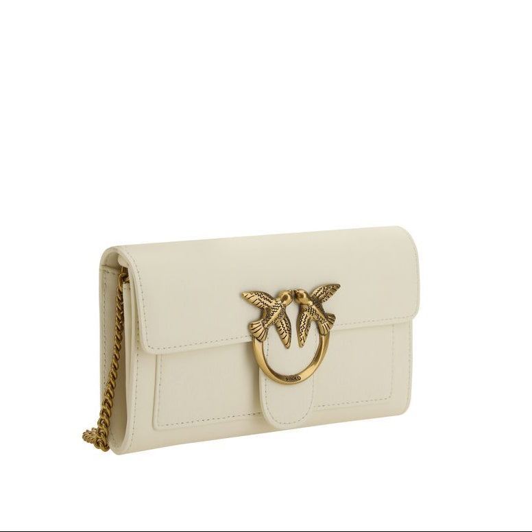 pinko cream leather wallet on chain love birds gold hardware side