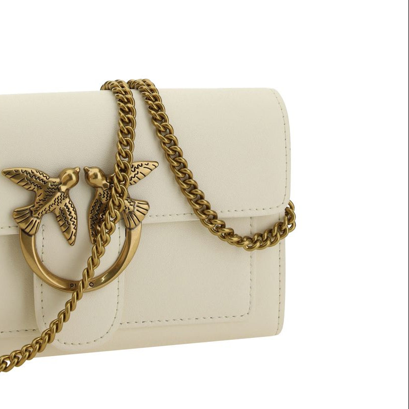 pinko compact love one wallet cream leather crossbody chain strap logo details