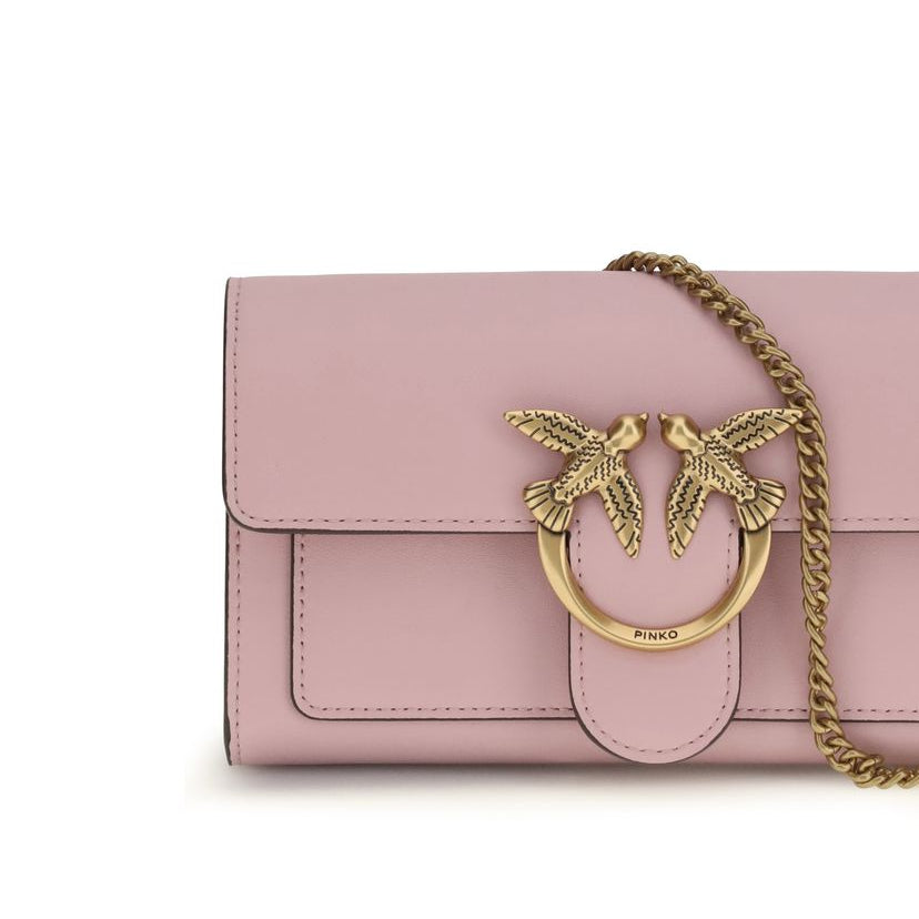 pinko love one wallet on chain pink calf leather love birds buckle logo