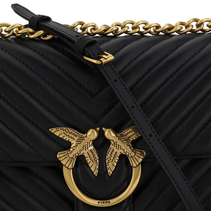 pinko love one classic black quilted leather designer crossbody bag 27cm