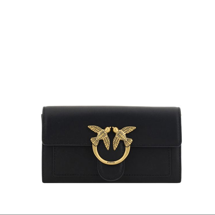 pinko love one wallet on chain black calf leather love birds buckle