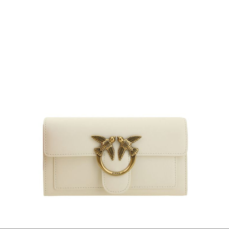 pinko cream leather wallet on chain love birds gold hardware front