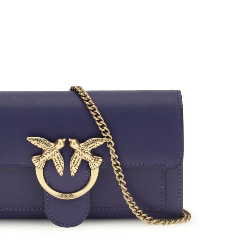 pinko love one wallet on chain navy blue calf leather love birds buckle detail