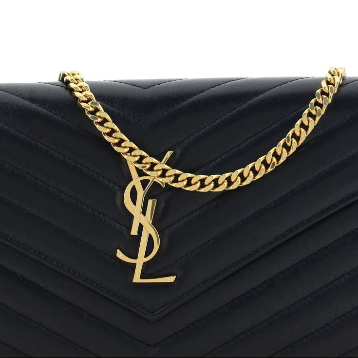 saint laurent monogram chain wallet black quilted lambskin gold ysl logo