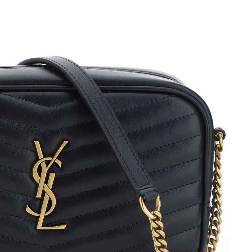 Saint Laurent Lou matelassé leather camera bag black close up logo