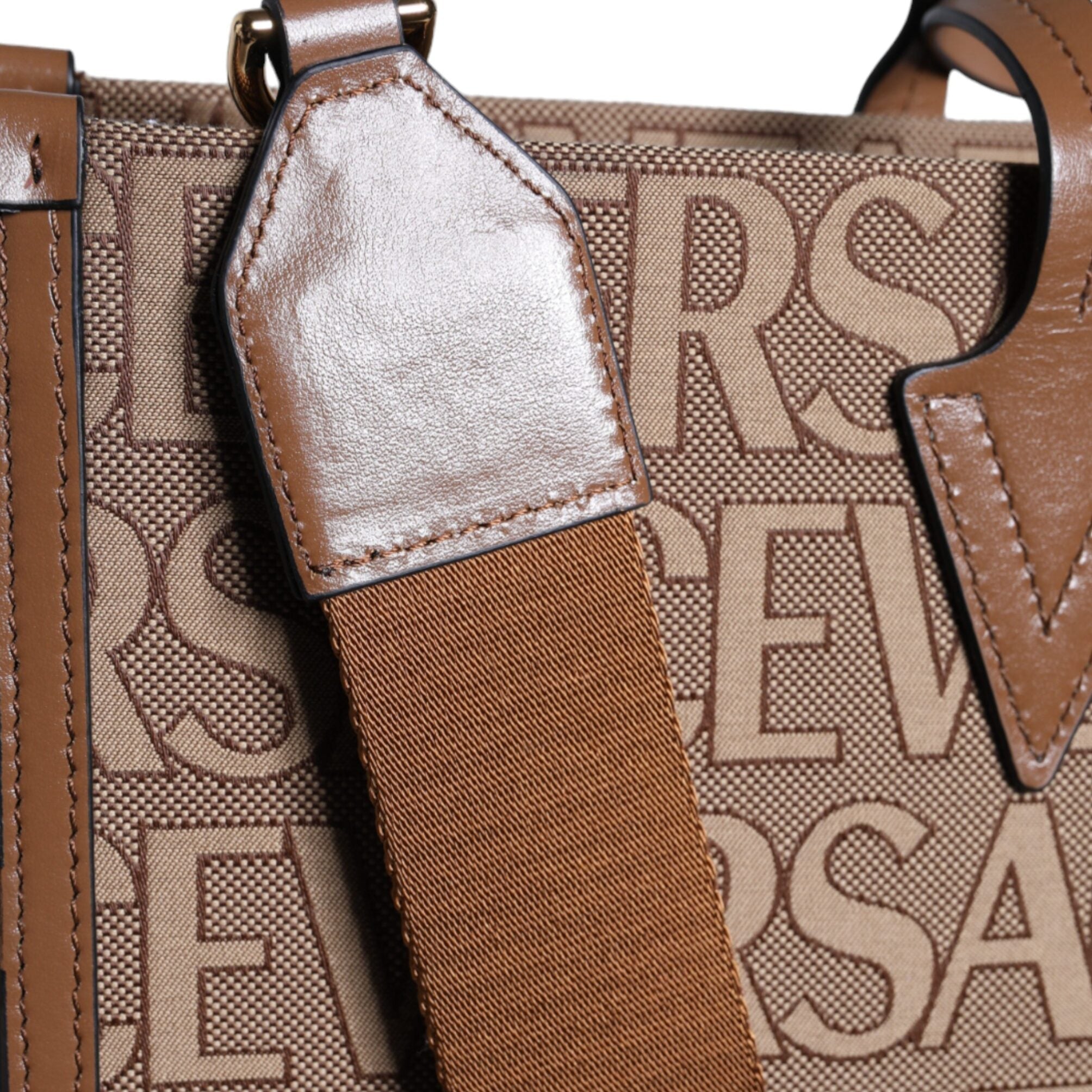versace jacquard tote bag brown structured designer tote detail