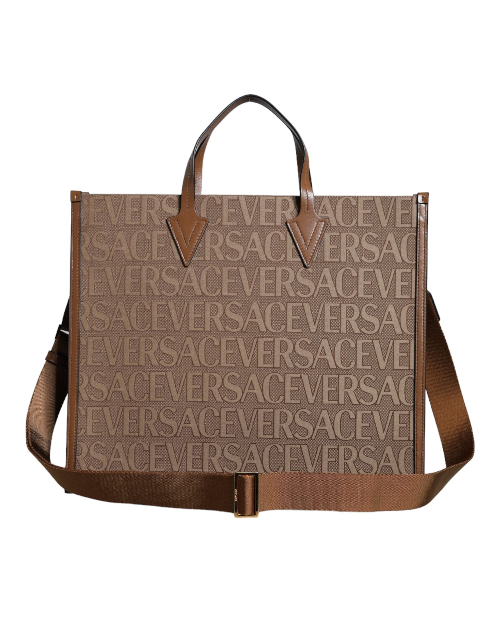 versace logo jacquard tote bag brown large designer tote detachable strap