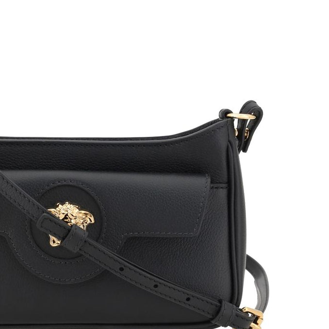 versace mini crossbody bag black calf leather medusa logo strap close up